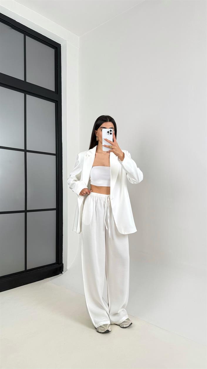 Beyaz Astarlı Blazer Ceket Beli Lastikli Pantolon Tensel Takım Gaus00444