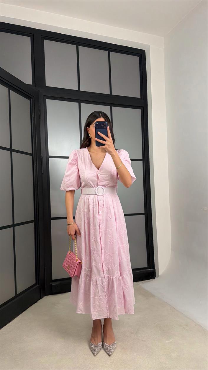 Pembe Çiçek Nakışlı Kemerli Pinterest Elbise GAUS-01342