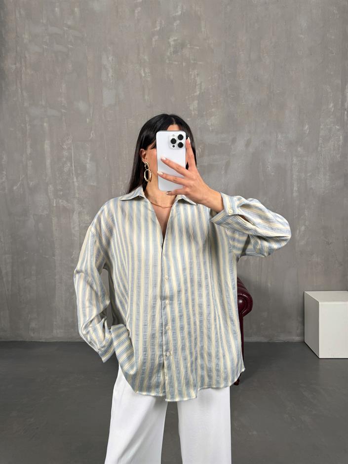Patis Soft Sarı Çizgili V Yaka Oversize Gömlek