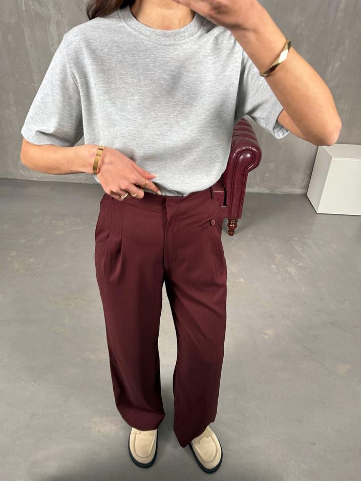 Rigal Bordo Ön Düğme Detaylı Kumaş Pantolon