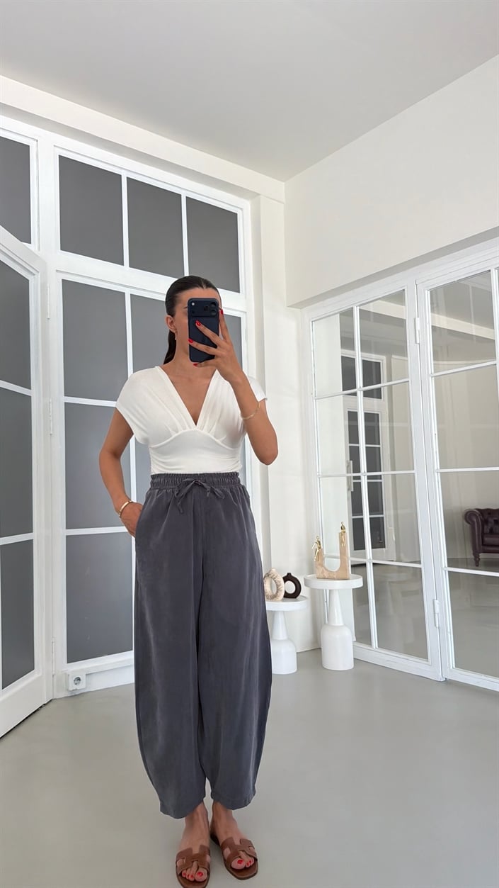 Gri MD Muadil Beli Lastikli Tencel Pantolon GAUS-01848