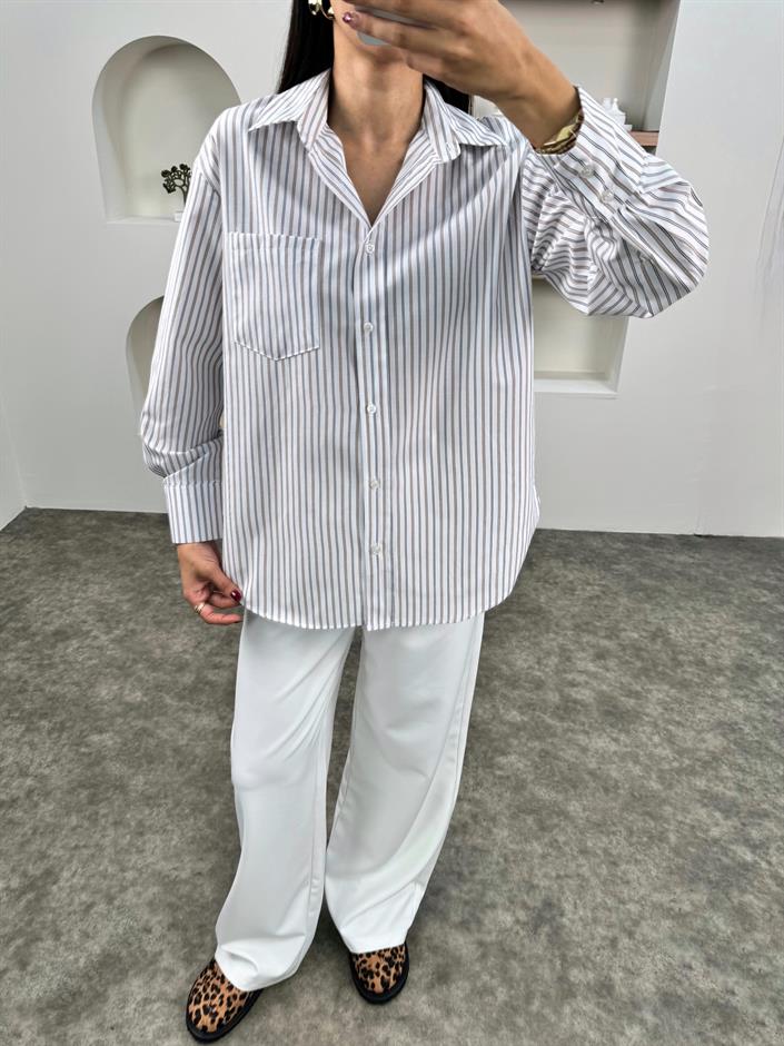 Lita Kahve Çizgili Oversize Gömlek