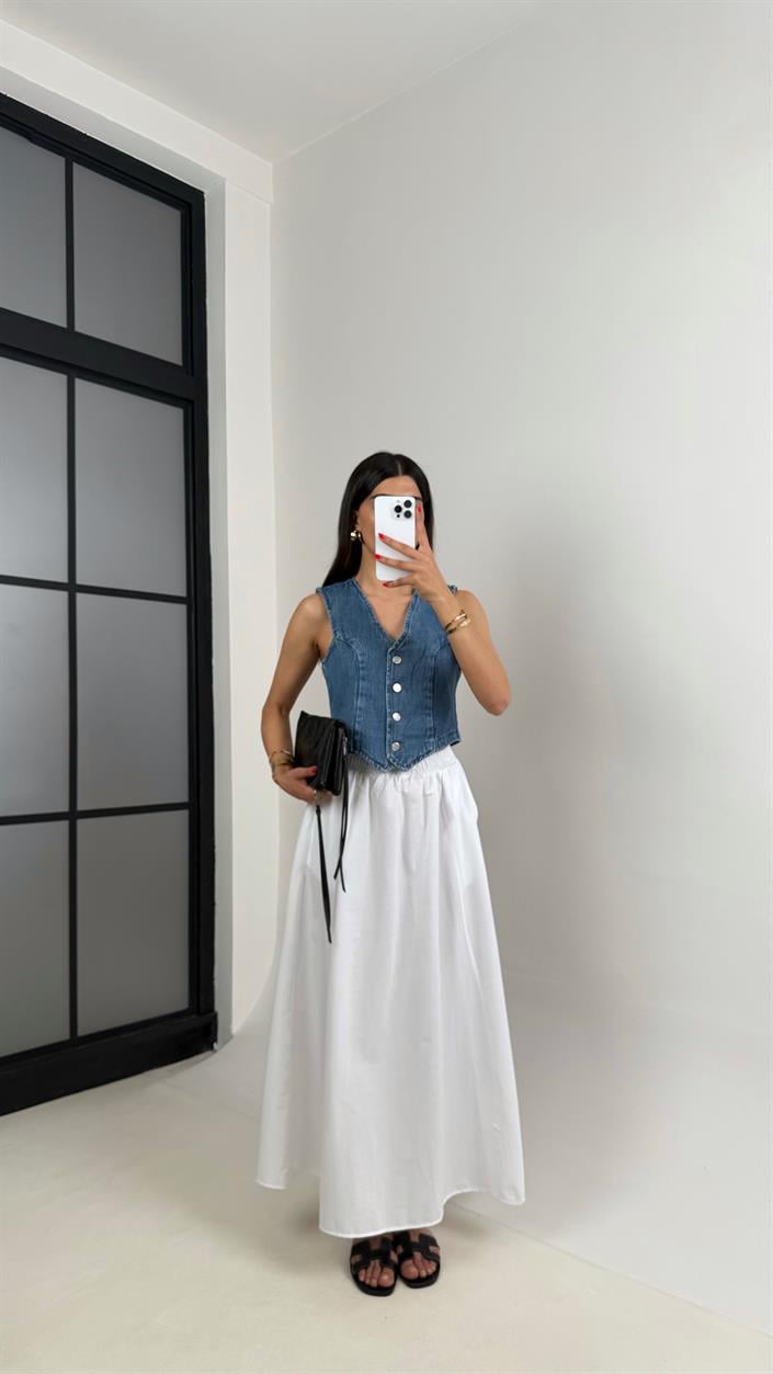 Beyaz Beli Lastikli Cepli Poplin Etek Gaus00485