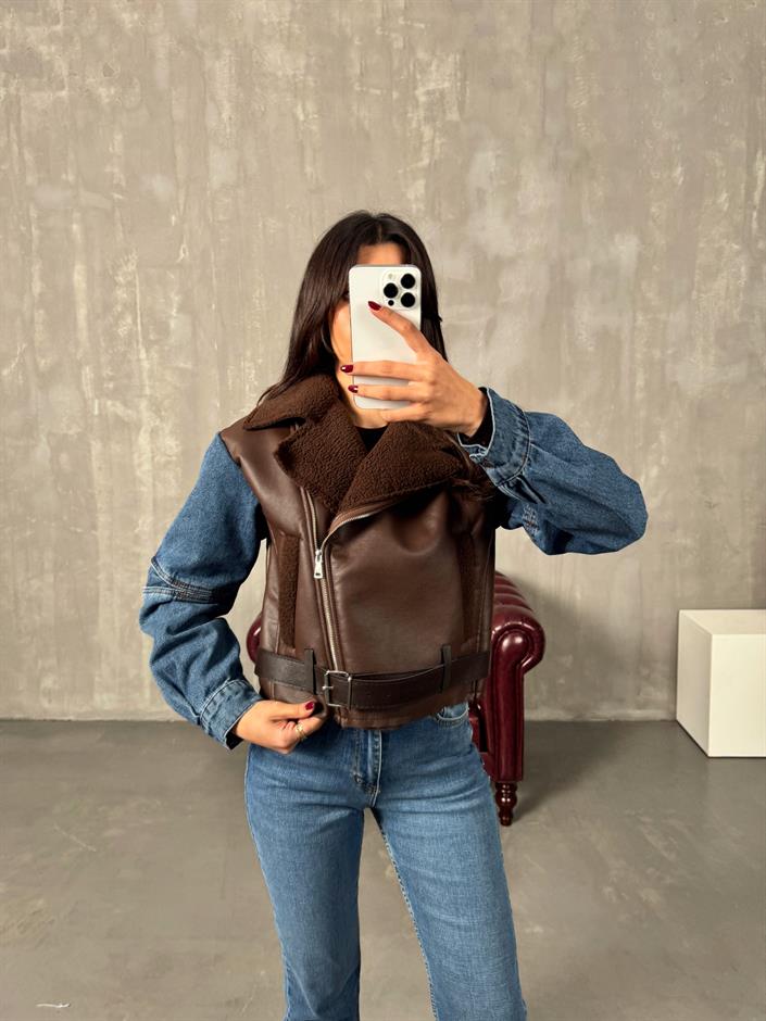 Lordy Kahve Kol Denim Detaylı İçi Kürklü Kemerli Biker Mont