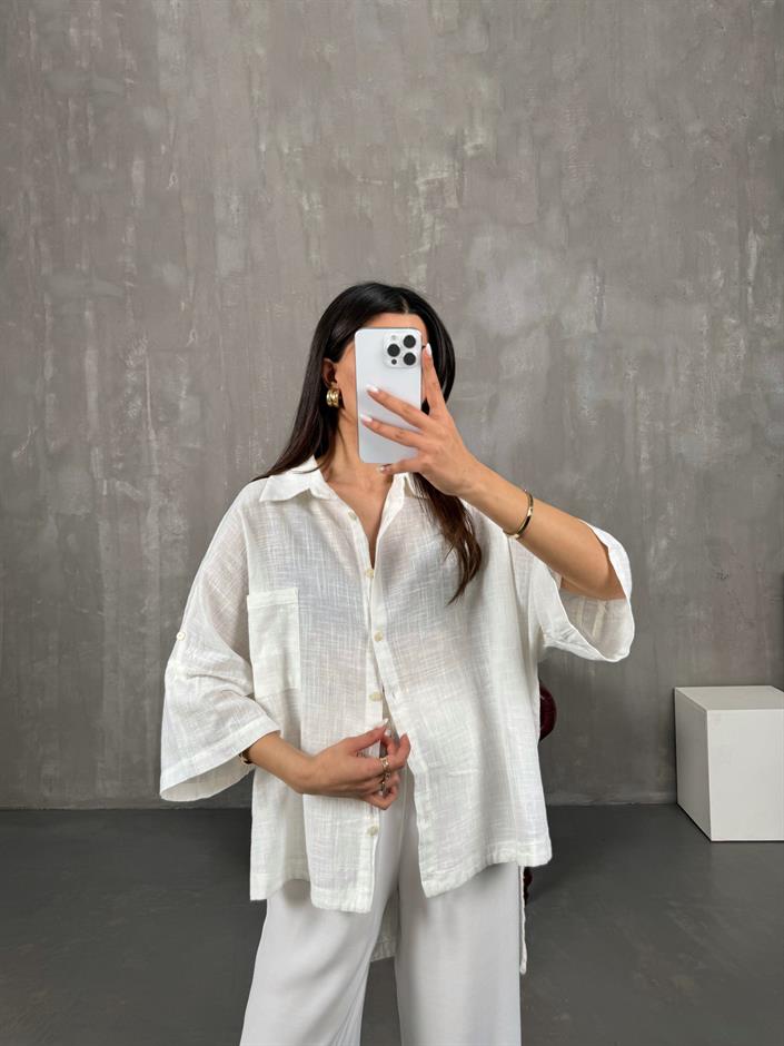 Beyaz Kısa Kollu Keten Oversize Gömlek Gaus00065