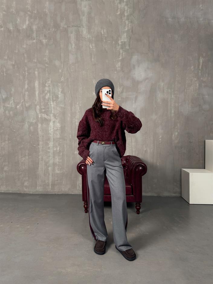 Rodni Gri Bordo Şeritli Yünlü Poliviskon Tasarım Pantolon