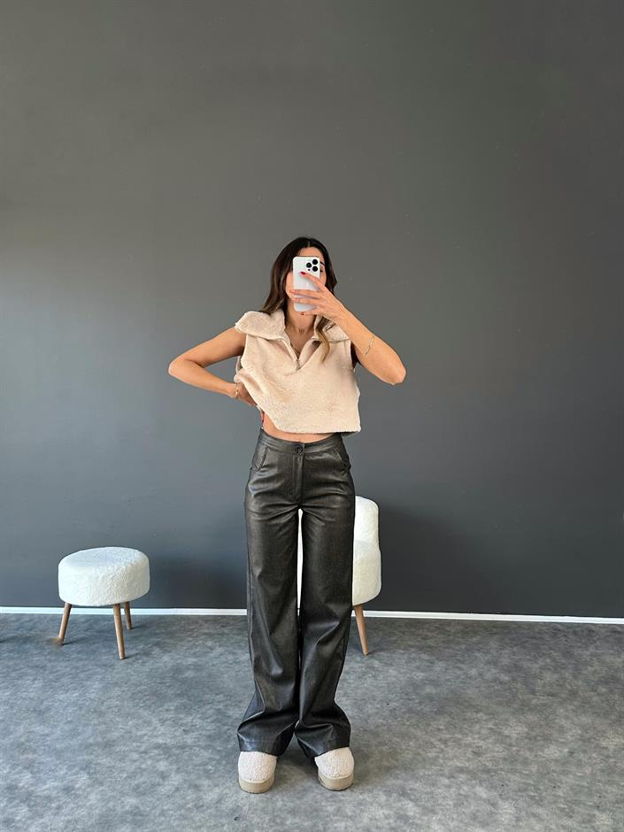 Nori Gri Eskitme Deri Pantolon 