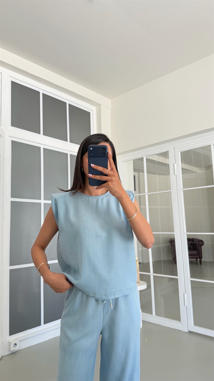 Mavi Vatkalı Bluz Beli Lastikli Pantolon İkili Tencel Denim Takım GAUS-01730