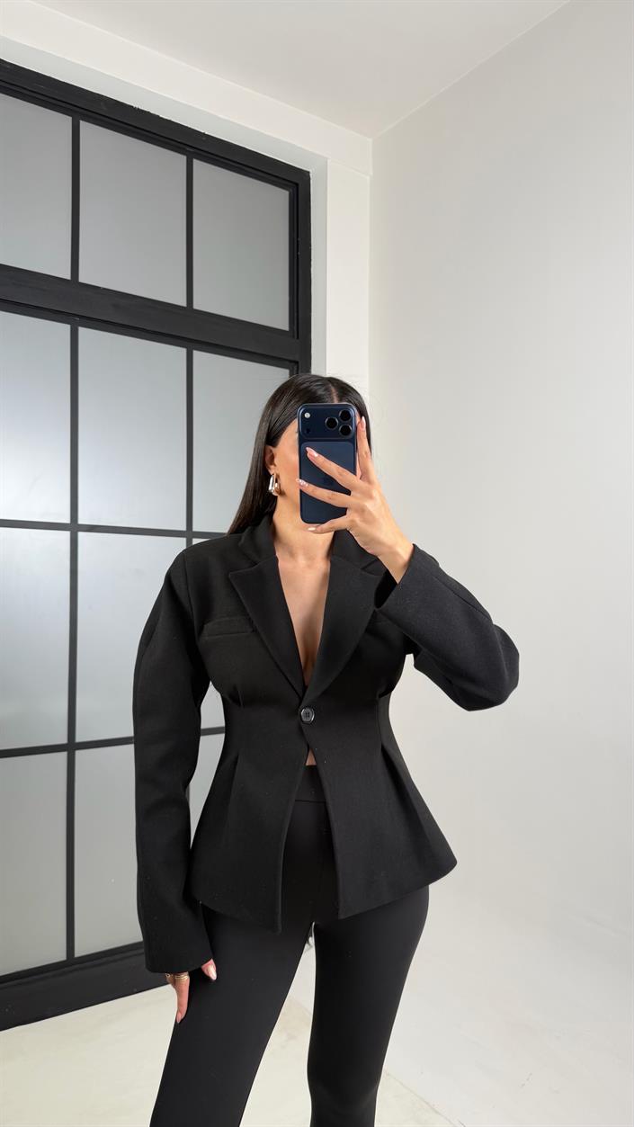 Siyah Astarlı Belden Oturtmalı Premium Kaşe Ceket GAUS-00773