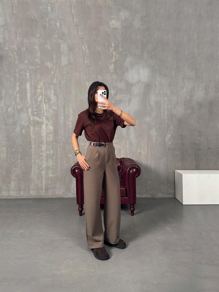 Mocha Kahve Kemer Detaylı Palazzo Pantolon