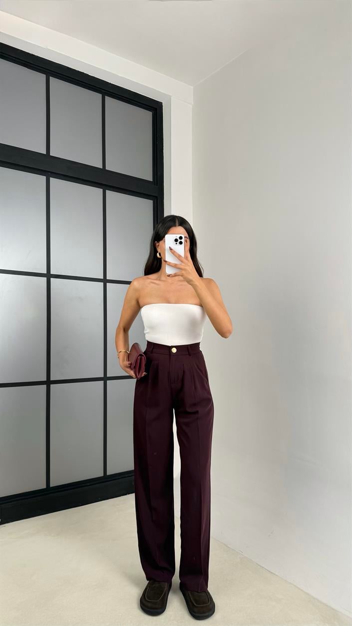 Bordo Gold Düğmeli Beli Lastikli Premium Pantolon GAUS-00141