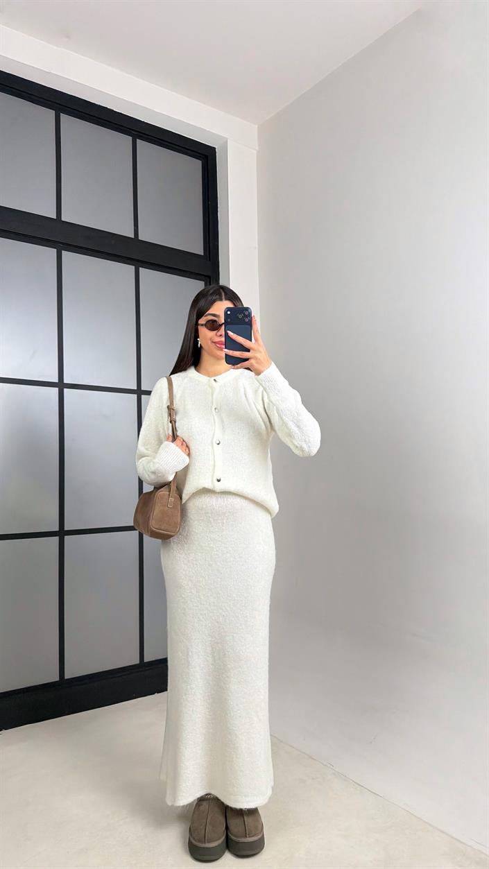 Ekru Hırka Beli Lastikli Etek Triko takım GAUS-00853