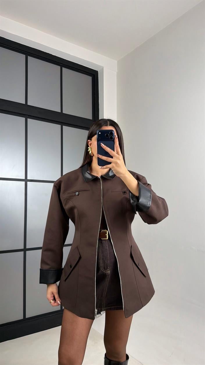 Acı Kahve Deri Yaka Detaylı Astarlı Vatkalı Premium Ceket gaus-01027