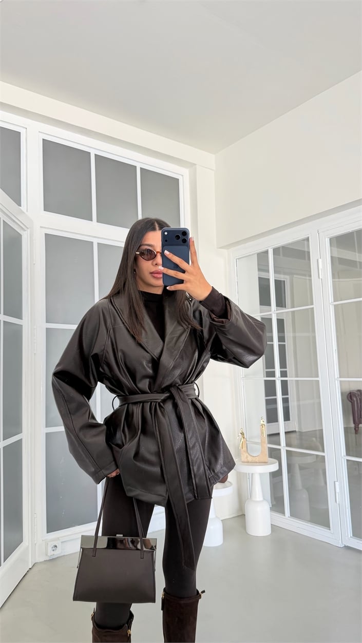 Acı Kahve Kuşaklı Astarlı Deri Ceket GAUS-02040