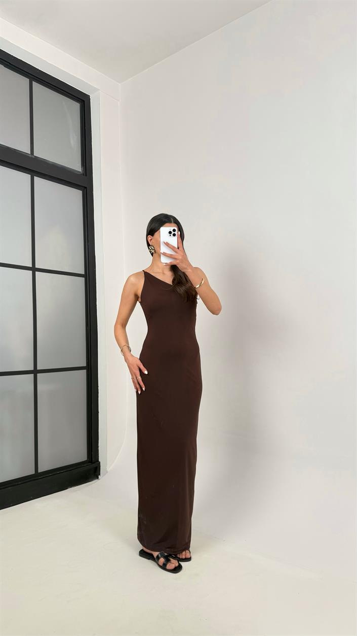 Kahve Tek Askılı Yırtmaçlı Astarlı Sandy Kumaş Elbise Gaus00348