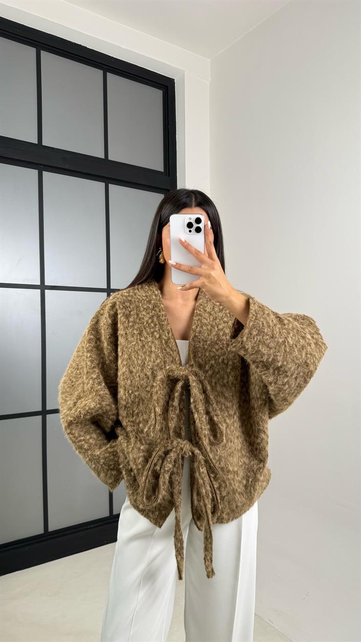 Kahve Kırçıllı Astarlı Önden Bağlamalı Premium Ceket GAUS-00512