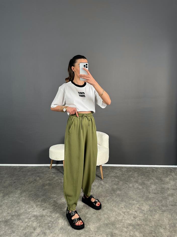 Yeşil Paçası Fermuarlı Şalvar Pantolon