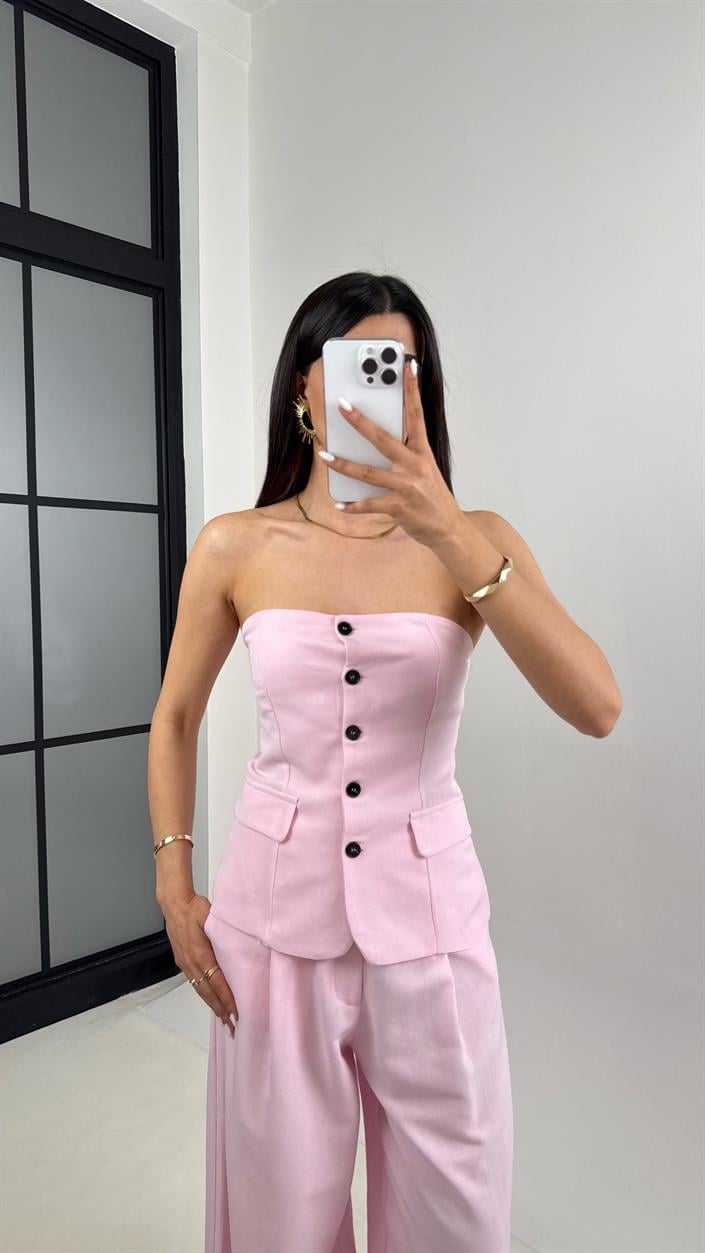 Pembe Straplez Düğmeli  Astarlı Yelek Cepli Pantolon İkili Keten Tasarım Takım Gaus00440