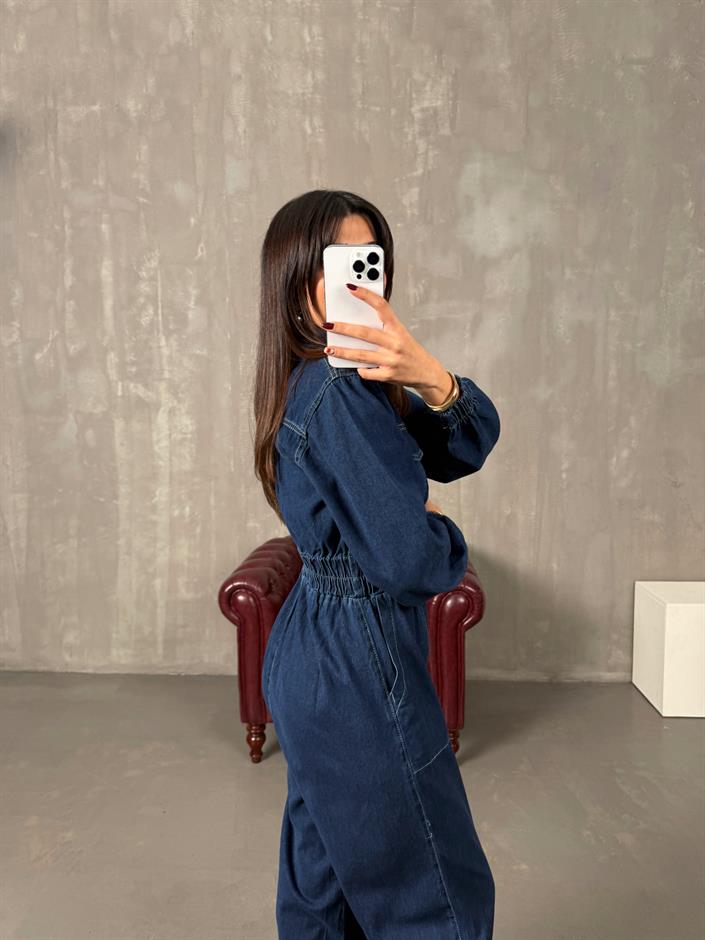 Setre Mavi Önden Fermuarlı Denim Tulum