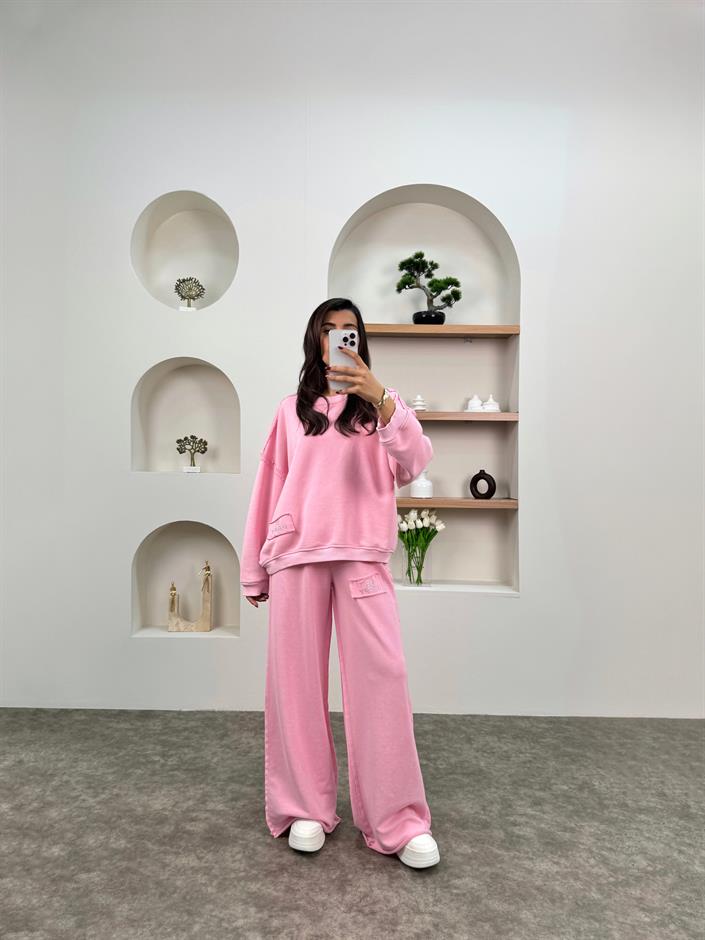 Berry Pembe Eskitme Bisiklet Yaka Taşlı Takım