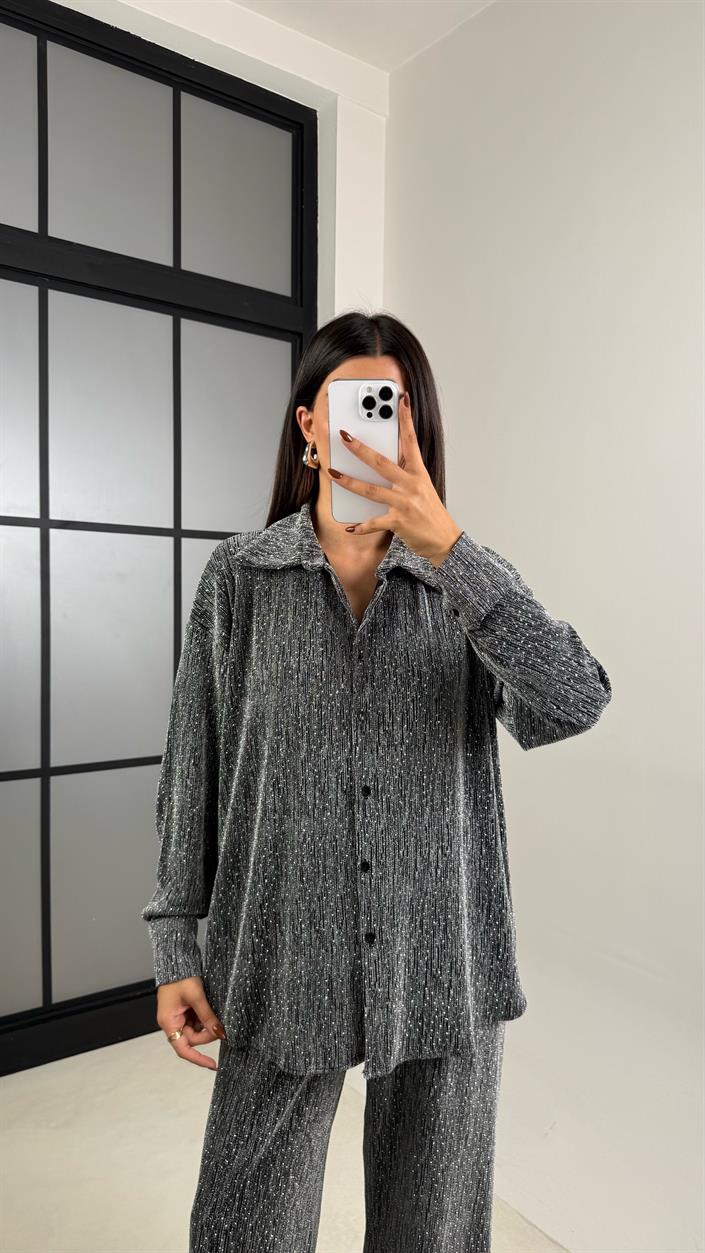 Gri Taş Detaylı Kuşaklı Gömlek Beli Lastikli Pantolon Tasarım Takım GAUS-00165