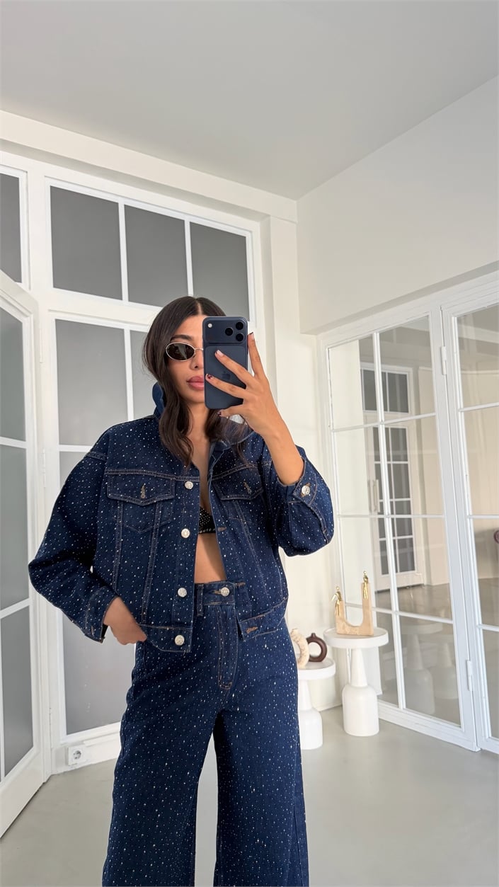 Lacivert Premium Taşlı Denim İkili Takım GAUS-01953