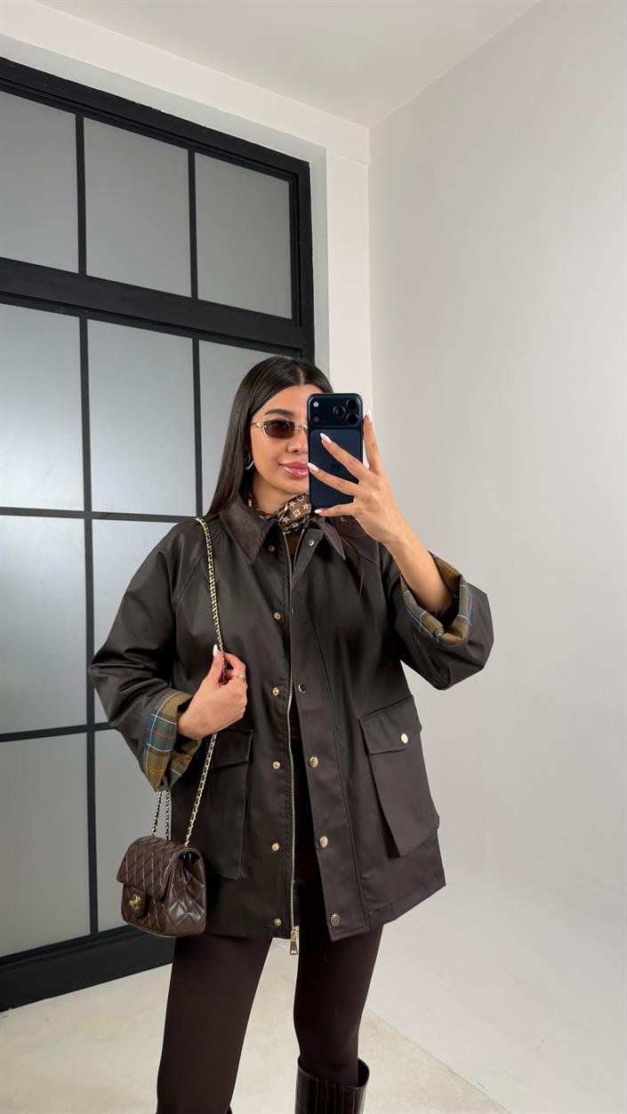 Acı Kahve Kadife Yaka Mumlu Görünümlü Cepli Parka GAUS-00609