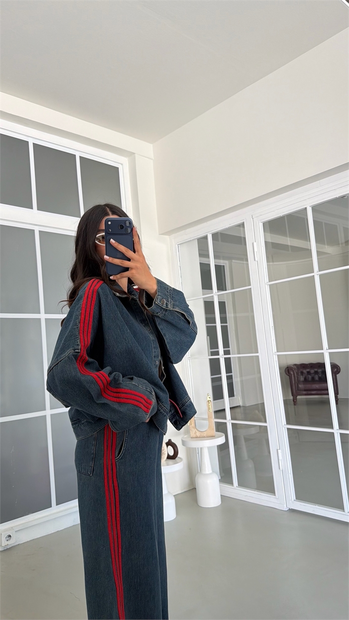 Kırmızı Şerit Detaylı Ceket Beli Lastikli Pantolon İkili Denim Takım GAUS-02094