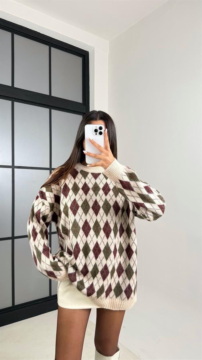 Krem Baklava Desenli Vintage Kazak GAUS-00509