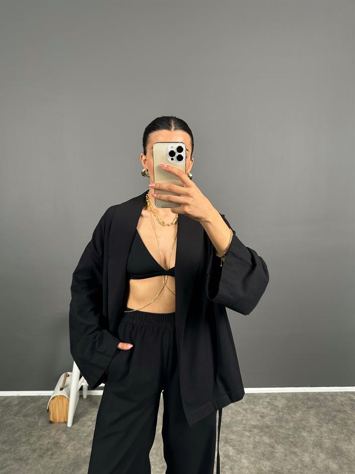 Guta Siyah Keten Karışımlı Yarım Astarlı Pantolon Kimono İkili Takım
