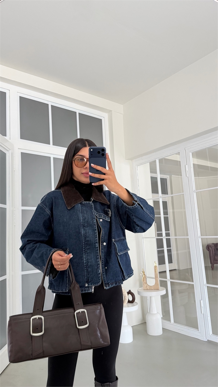 Koyu Mavi Kadife Yakalı Cepli Denim Ceket GAUS-02118