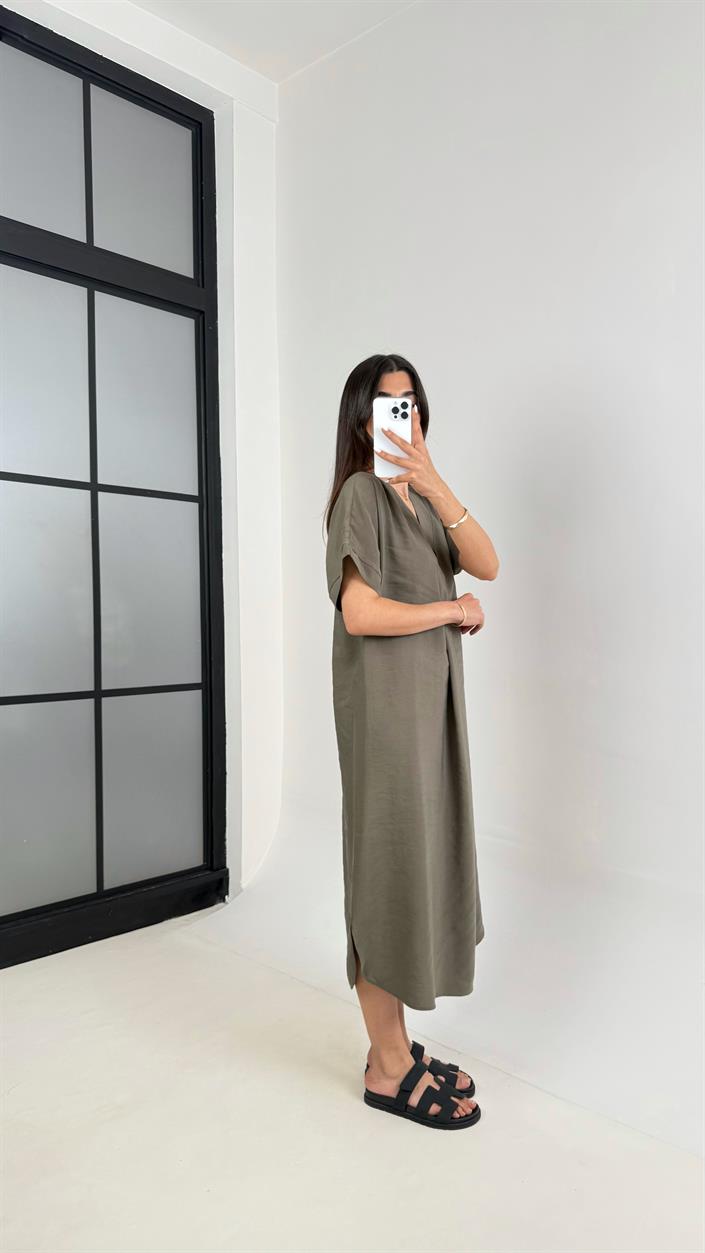 Haki V Yaka Tensel Kırışık Kumaş Basic Elbise Gaus00442