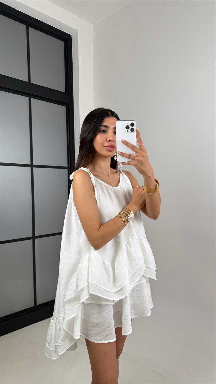 Beyaz Ayarlanabilir Askılı Astarlı Katlı Şifon Elbise Gaus00632