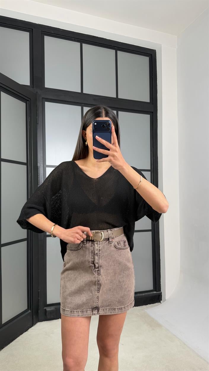 Siyah Yarasa Kol Ajurlu Triko Bluz GAUS-01443