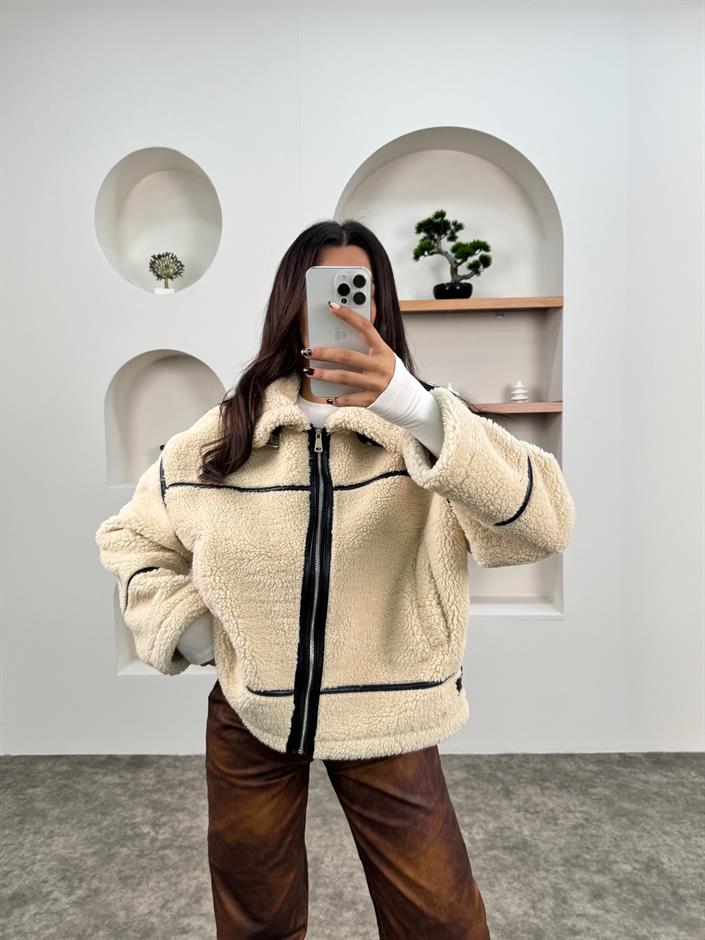 Dash Taş Deri Şeritli Peluş Biker Mont