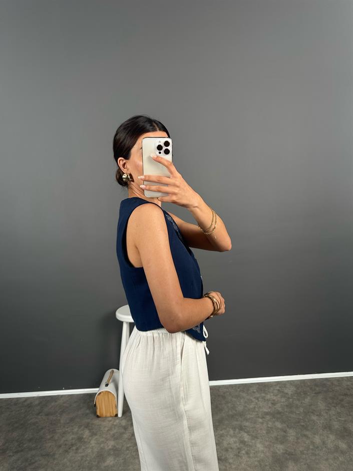 Olist Lacivert Nakışlı Astarlı Yelek 