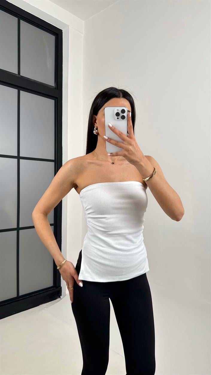 Beyaz Yanları Yırtmaçlı Straplez Crop Gaus00368