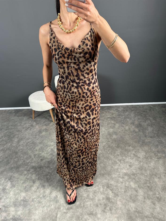 Pinterest Leoparlı Astarlı Askılı Uzun Elbise 