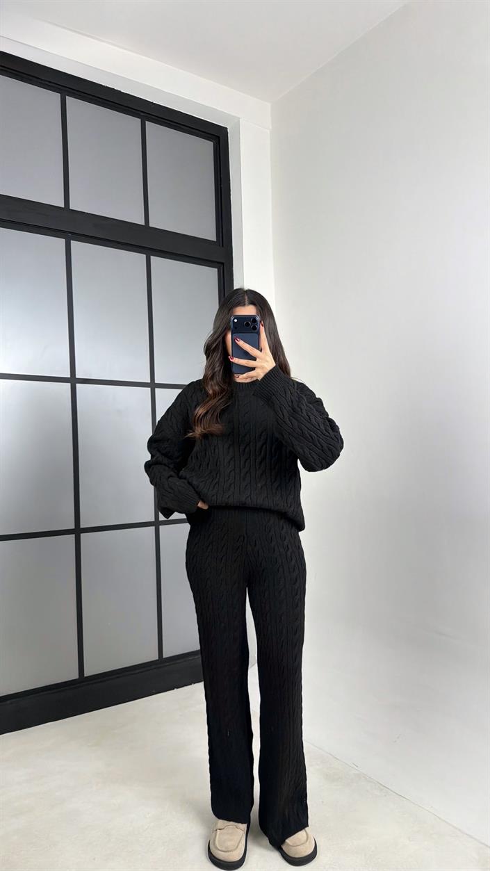 Siyah Saç Örgülü Kazak Beli Lastikli Pantolon Triko Takım GAUS-00592