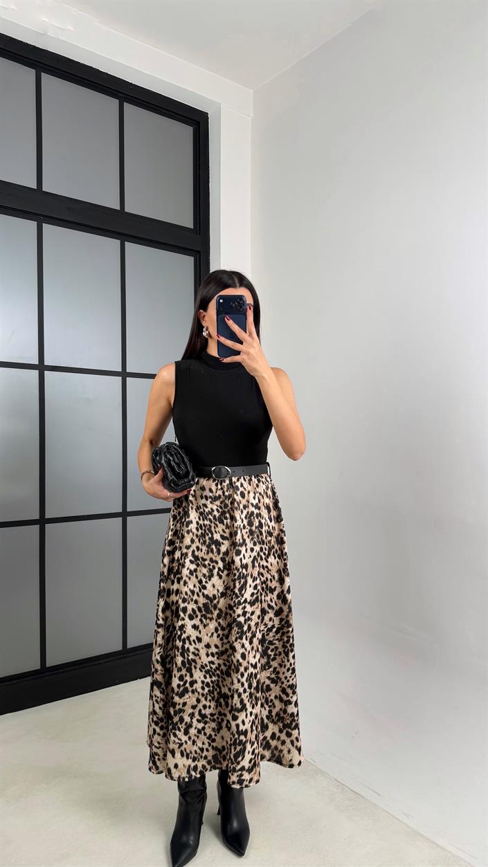 Siyah Sıfır Kol Kemerli Leopar Desenli Elbise GAUS-00678