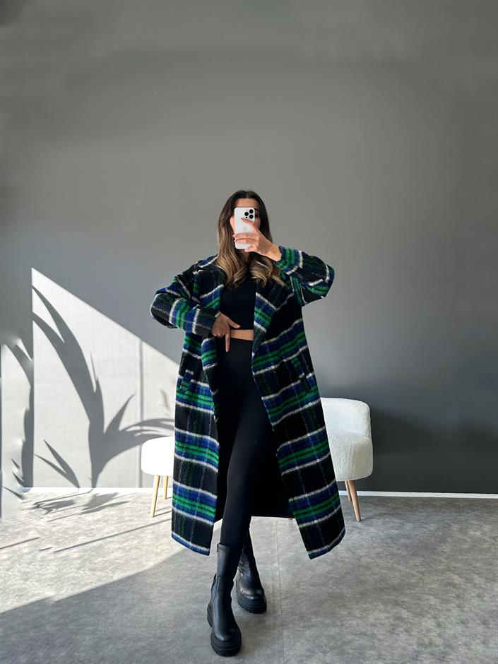 Premium Mavi Ekose Astarlı Uzun Kaban 