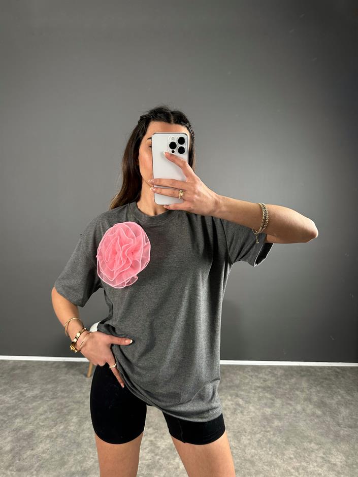 Gri Pembe Çiçekli Basic Tshirt