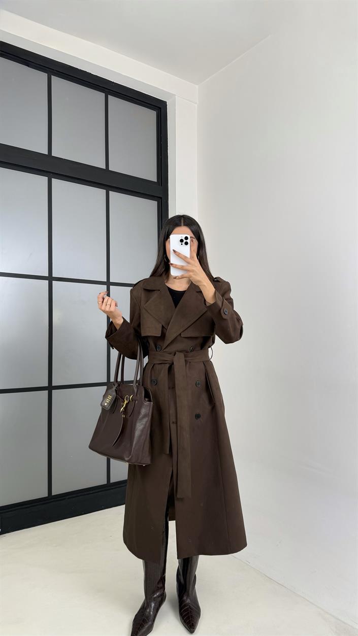 Acı Kahve Astarlı Kuşaklı Süet Trençkot GAUS-00228