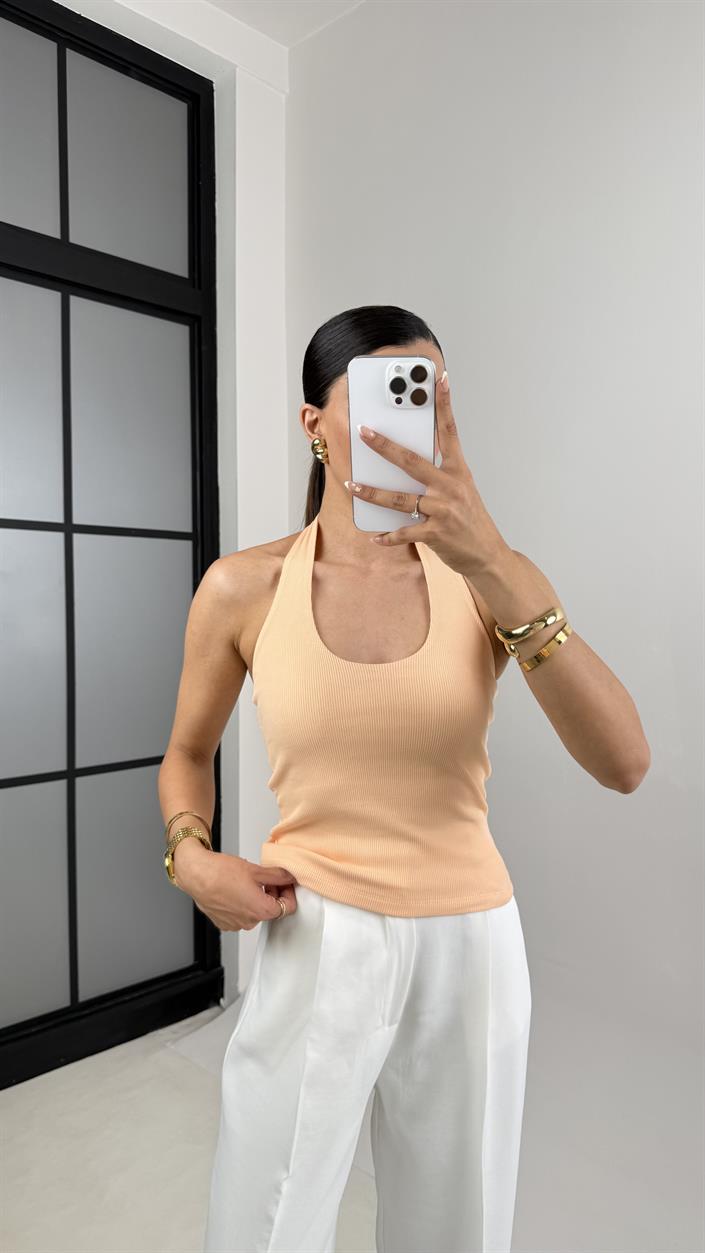 Somon Boyundan Askılı Triko Crop Gaus00592