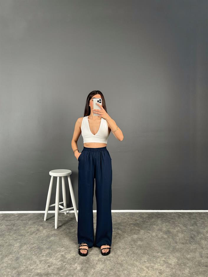 Allda Lacivert İthal Kumaş Beli Lastikli Pantolon