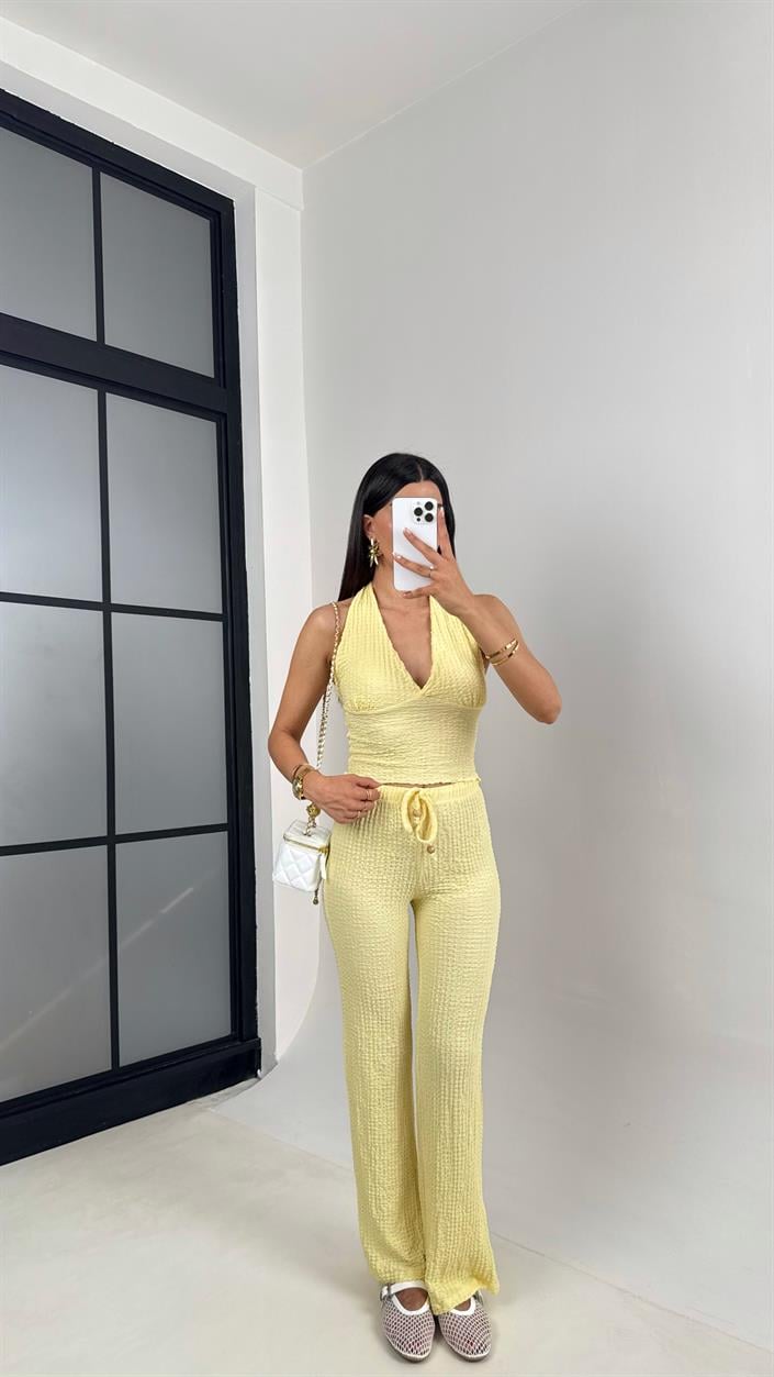 Sarı Boyundan Askılı Sırt Dekolteli Crop Beli Lastikli Pantolon İkili Bürümcük Takım Gaus00609