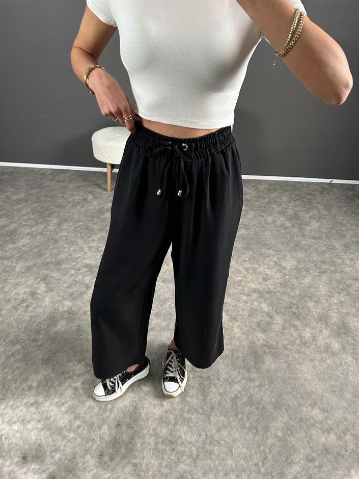 Premium Siyah Tensel Bilekte Bol Paça Pantolon 