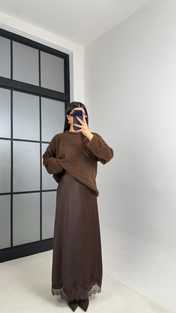 Kahve Dantel Detaylı Saten Etek GAUS-00999