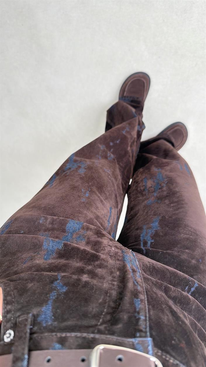 Acı Kahve Kemerli Desenli Kadife Premium Pantolon GAUS-00947