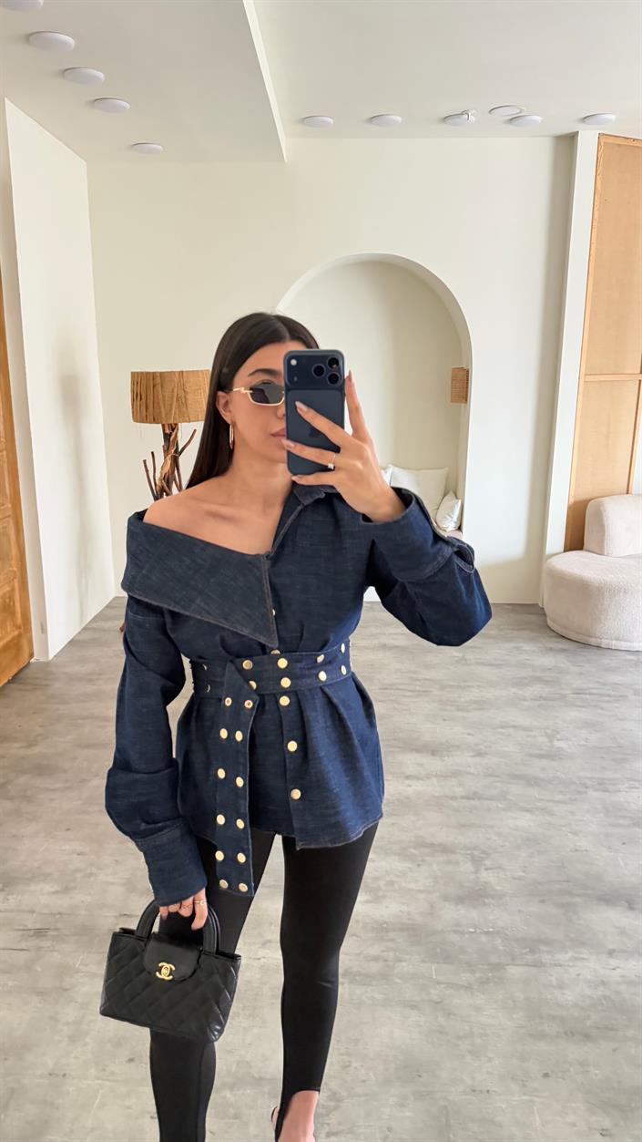 Lacivert Zımba Detaylı Kemerli Tasarım Denim Gömlek GAUS-01071 GAUS-01134